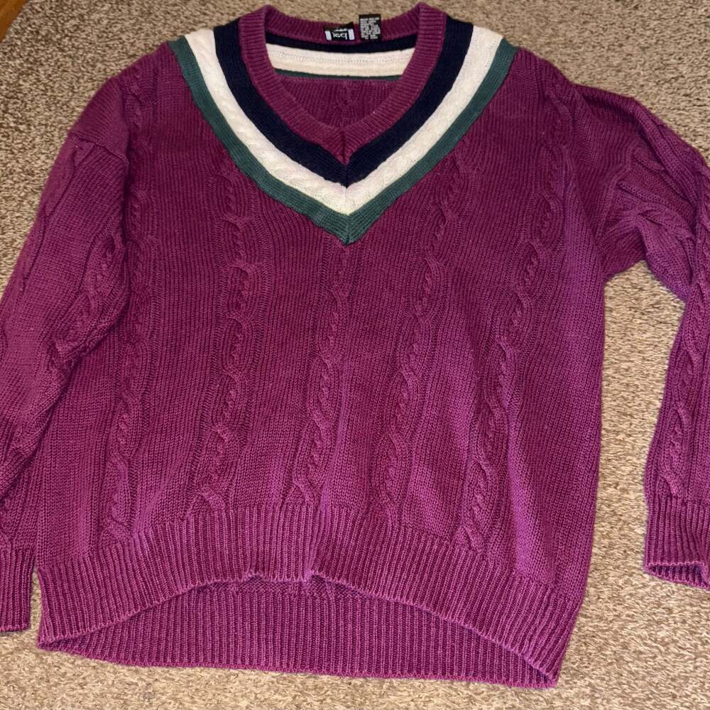 Vintage Jed Wear Burgundy Cable Knit V-Neck Cricket Sweater Size L